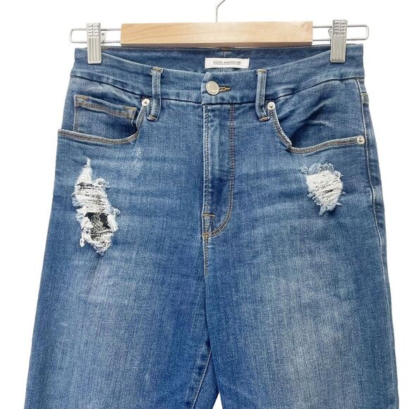 Good American Good Waist Snake Pocket Jeans Medium Wash Distress Skinny Size 27 - Picture 5 of 14
